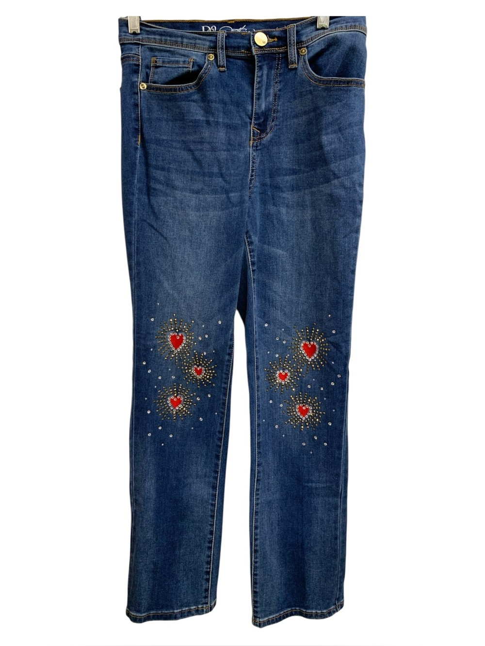 Diane Gilman Dark Blue Jeans with Red Heart Embellishments Size S